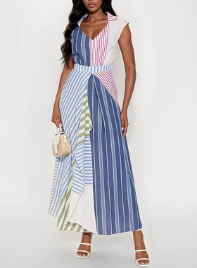 women sexy dress 2025欧美撞色拼接条纹V领不规则收腰连衣裙A字