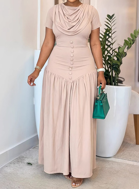 Ladies long dress 2026欧美女士长款修身优雅休闲短袖收腰连衣裙