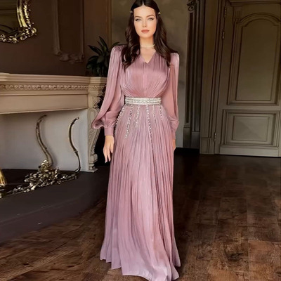2025欧美性感V领褶皱薄纱长袖大摆连衣裙 Ladies dresses evening