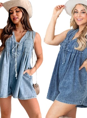 2024欧美街头无袖短袖短裤牛仔连体衣women loose jumpsuit dress