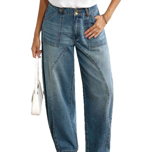 欧美高腰双扣水洗直筒弯刀牛仔长裤women loose jeans pants 2026