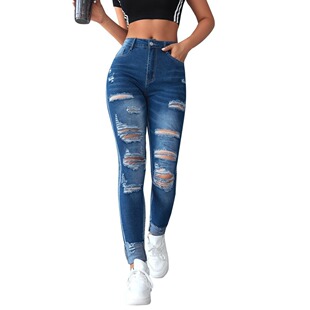 2024欧美小脚破洞女式高腰牛仔裤women stretch jeans pants long