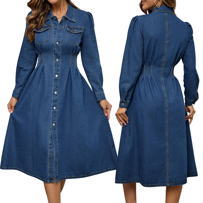 欧美气质牛仔收腰长袖连衣裙women slim jeans dress casual 2025