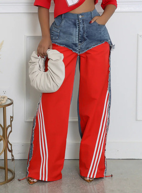 2025欧货街头拼接条纹杠复古抽绳牛仔裤 women jeans pants loose