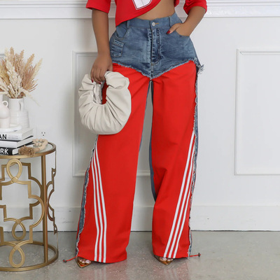 2025欧货街头拼接条纹杠复古抽绳牛仔裤 women jeans pants loose