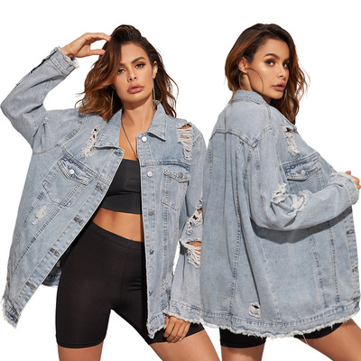 women jeans jacket coat 欧美时尚牛仔长袖破洞流苏开衫外套夹克