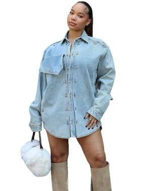 欧美女式牛仔外套外贸宽松贴布设计感长袖夹克women jeans jacket