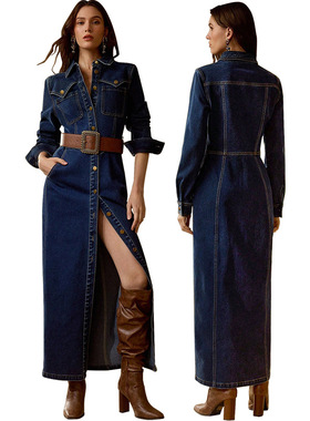 women jeans dress long 2026欧美长袖排扣时尚长款牛仔连衣裙