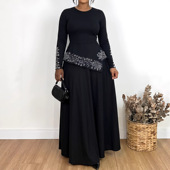 black dress 2026欧美长袖 Ladies 优雅休闲水钻装 饰圆领A字连衣裙