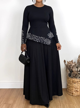 Ladies black dress 2026欧美长袖优雅休闲水钻装饰圆领A字连衣裙