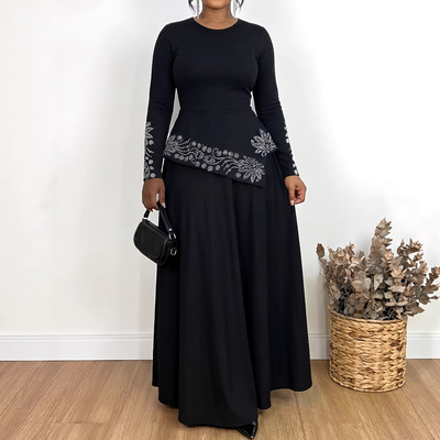 Ladies black dress 2026欧美长袖优雅休闲水钻装饰圆领A字连衣裙