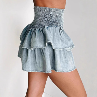 2025美式纯欲风辣妹设计感牛仔蛋糕百褶半身裙 women jeans skirt