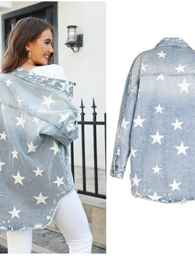 欧美风长袖宽松女装开襟牛仔外套女长款 women jeans coat jacket