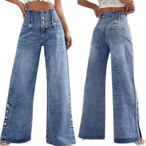 2026新款开叉高腰复古纽扣牛仔阔腿裤女 women jeans pants loose