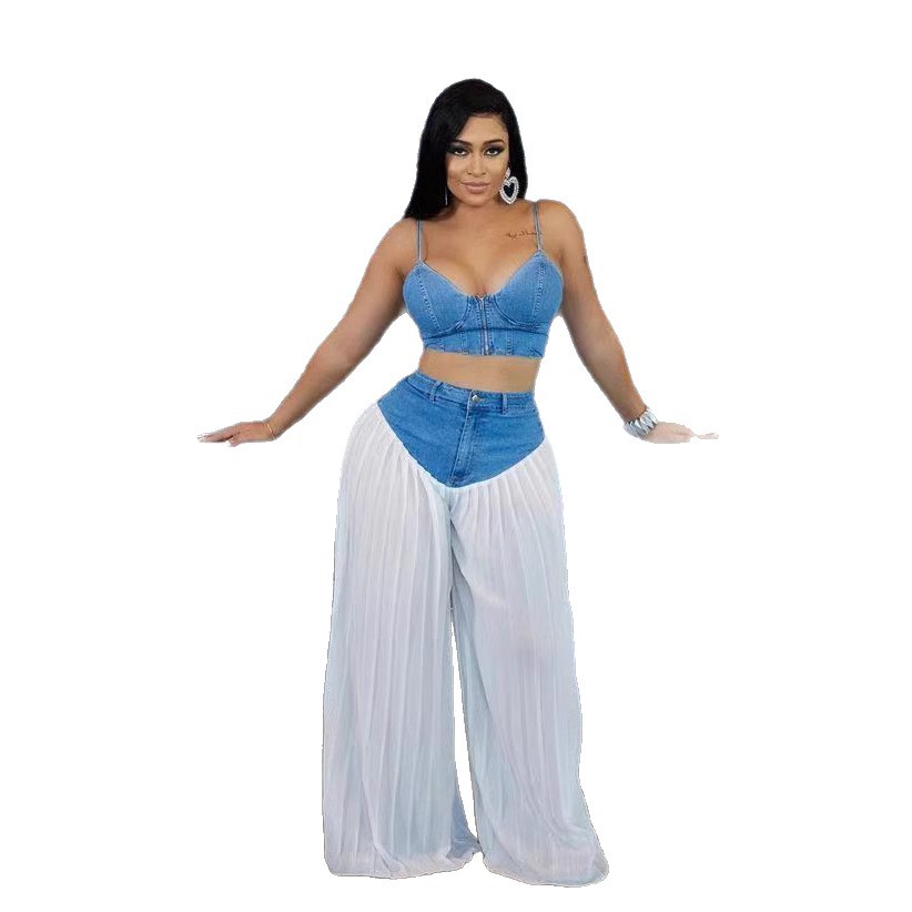 women sexy tops+pants set 欧美吊带V领背心 褶皱牛仔拼雪纺长裤
