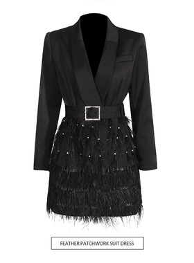 名媛风系带收腰显瘦短裙2025新款重工钉珠羽毛设计感西装连衣裙女