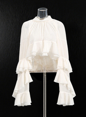 跨境新款衬衫女2025新款时尚休闲长袖层叠式荷叶边短款雪纺衫女潮