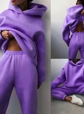 women winter fleece coat+pants 休闲连帽卫衣两件套2024