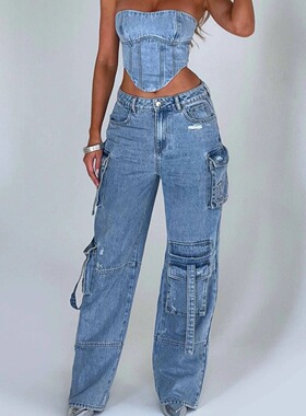 美式低腰口袋拼接牛仔裤宽松垂坠感显瘦长裤 women loose pants