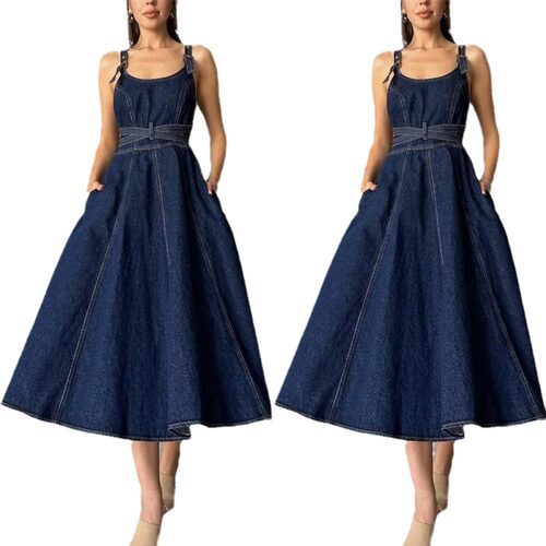 Ladies jeans dress women 2024欧美优雅纯色收腰吊带牛仔连衣裙
