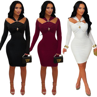 2026欧美气质露肩修身 women dress stretch 包臀纯色连衣裙 sexy