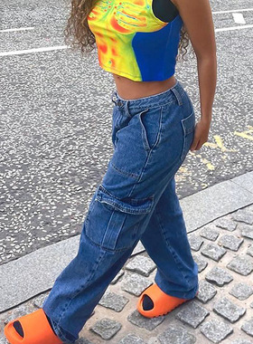 women loose jeans pants 2023欧美水洗工装裤直筒休闲牛仔长裤女