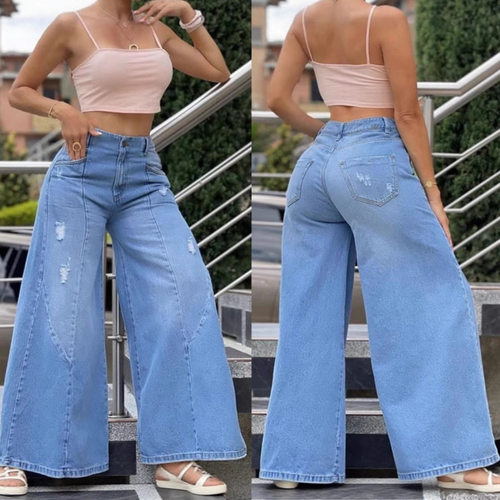 2026欧美风高腰破洞阔腿牛仔裤喇叭裤women loose jeans trousers