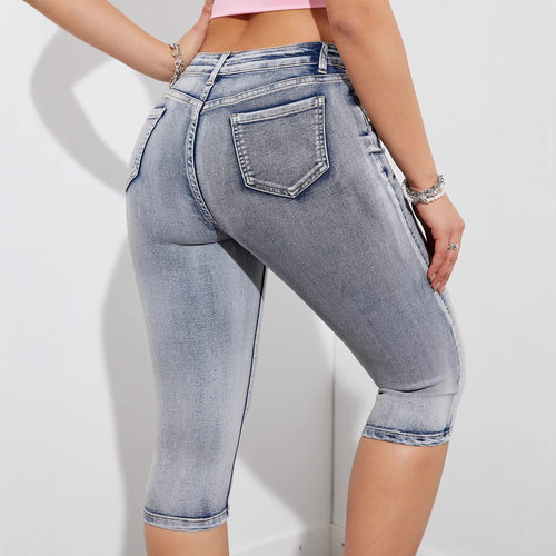 女士紧身百搭时尚拉链假口袋七分牛仔裤欧美 women jeans pants