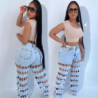 women jeans pants 欧美女式破洞牛仔裤街头时尚镂空高腰直筒裤