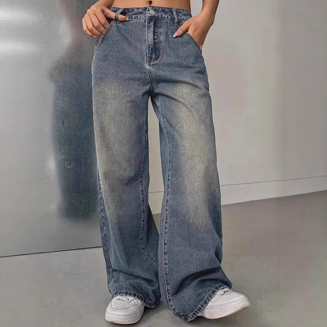 women jeans pants trousers loose欧美女士洗水复古牛仔长裤2026图片