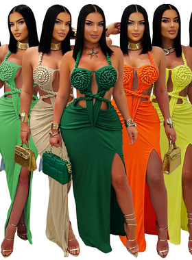 Ladies sexy night dress 2025欧美性感针织挂脖露背纯色连衣裙