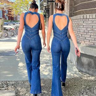 jeans 歐美顯瘦無袖 women jumpsuit 露背高腰微喇牛仔連體褲 pants