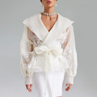 2026复古宫廷风性感西装领高级感系带收腰上衣衬衫女women shirt