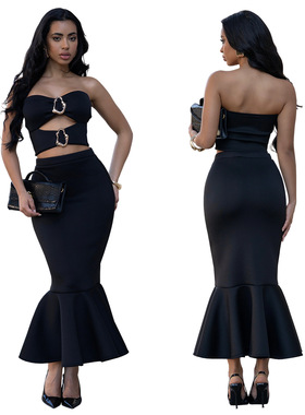 women night party dress set 欧美性感抹胸上衣花边包臀裙套装