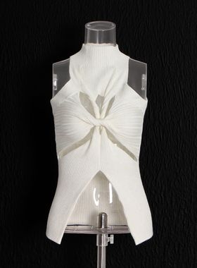 欧美休闲性感风2025新款高领无袖个性不规则镂空设计女式针织背心