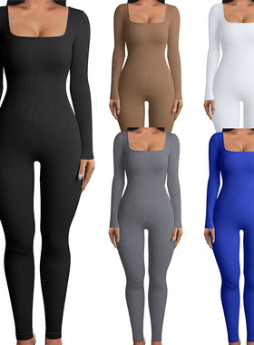 women cotton jumpsuit pants 2023针织棉露背提臀修身运动连体裤