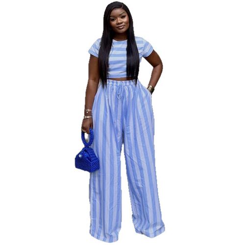 欧美休闲圆领短款上衣阔腿裤条纹套装 women T-SHIRT+PANTS SET