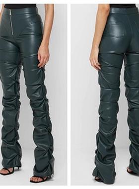 women leather pants 2025欧美时尚紧身PU皮长裤 个性缩折微喇裤