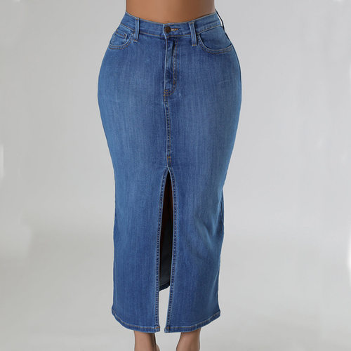 women jeans skirt slit slim dress开叉半身裙 牛仔半身裙长2024