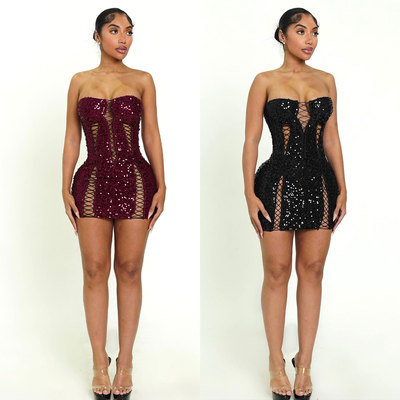 Ladies mini dress 2026欧美弹力镂空绑带抹胸包臀亮片礼服迷你裙