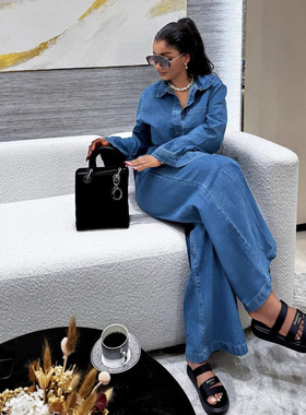 women jeans pants+shirt set 欧美牛仔长袖上衣系带直筒长裤套装