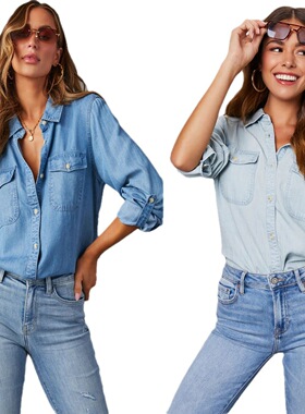 欧美休闲翻领单排扣女长袖牛仔women shirt jeans fashion 2024