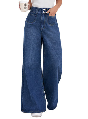 欧美高腰深色阔腿拖地牛仔裤女宽松显瘦直筒裤 women loose jeans