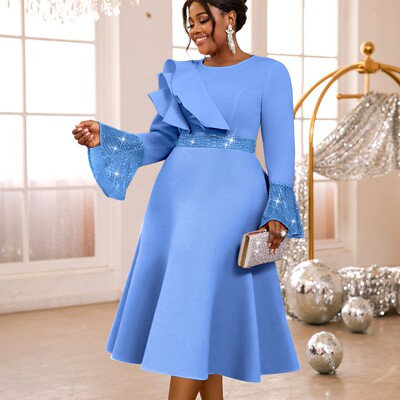 Ladies party dress 大码镶钻荷叶边喇叭袖中长款连衣裙优雅礼服