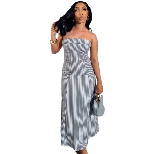 欧美抹胸无袖条纹收腰修身连衣裙 Ladies sexy dress long women