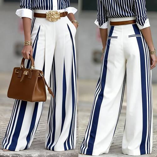 蓝白条纹阔腿裤高腰垂感显瘦西装裤 women loose pants trousers