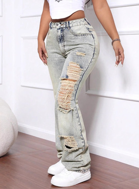 欧美INS时尚破洞直筒宽松阔腿牛仔长裤 women loose jeans pants