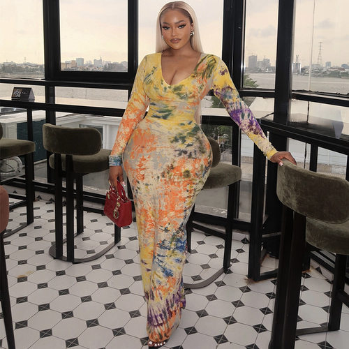 现货 欧美跨境女装2026春季新款时尚收腰修身包臀印花长裙连衣裙