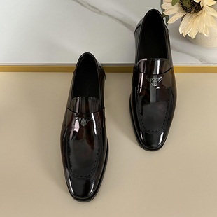 高端尖头商务休闲皮鞋 新款 男 春季 欧洲站潮牌真皮亮面一脚蹬乐福鞋