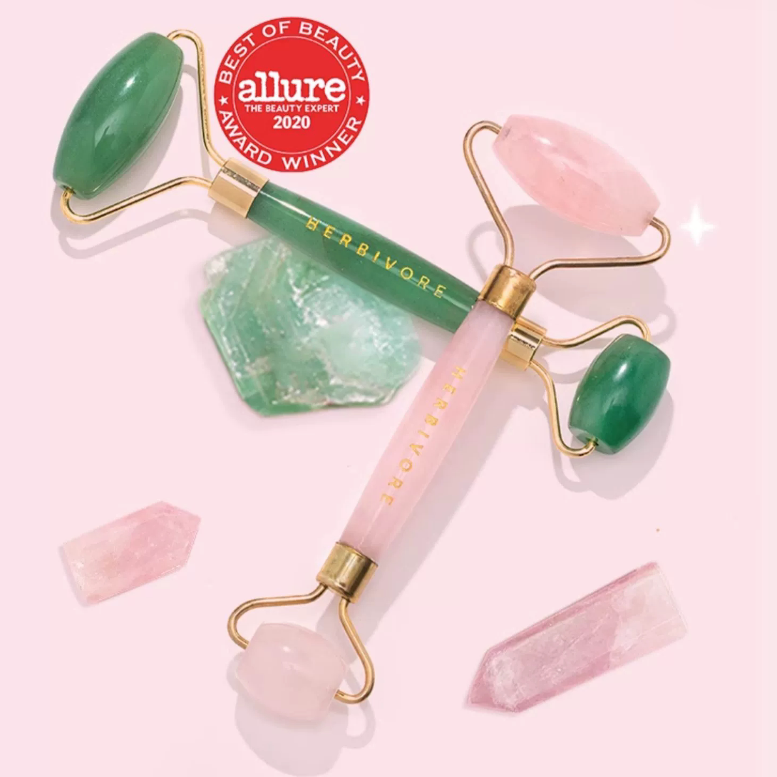 HERBIVORE玫瑰石英\碧云玉石滚轮面部按摩滚轮提拉紧致淡化